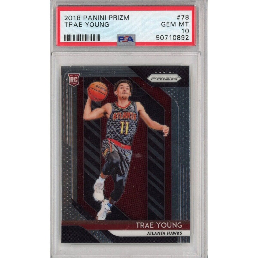 2018-19 Panini Prizm Trae Young #78 PSA 10 Rookie Basketball Card: 2018-19 Panini Prizm Trae Young #78 PSA 10 Rookie Basketball Card This is a graded 2018-19 Panini Prizm Trae Young #78 Rookie Basketball Card, certified in PSA 10 Mint condition. It features Trae Youn