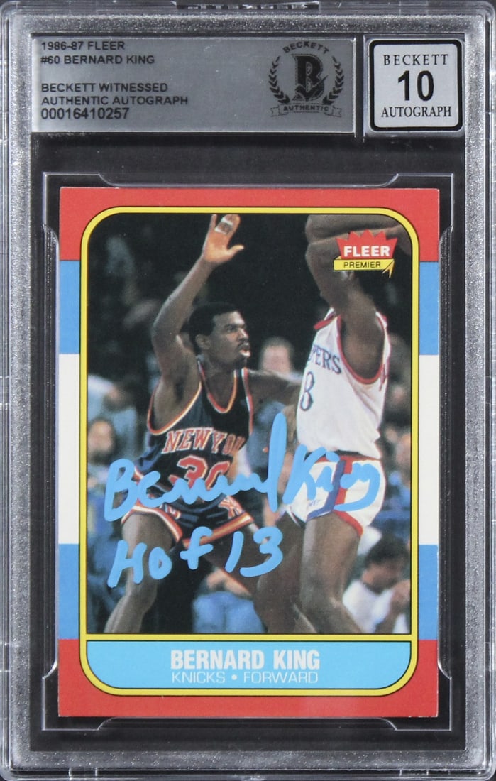 Bernard King Signed 1986 Fleer #60 Card HOF 13 Gem Mint 10 Beckett Slabbed Knicks: Bernard King Signed 1986 Fleer #60 Card HOF 13 Gem Mint 10 Beckett Slabbed Knicks This 1986 Fleer #60 basketball card features the iconic Bernard King, an esteemed player of the New York Knicks, and i