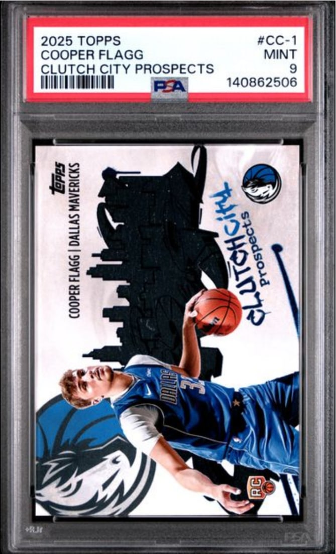 PSA 9 Cooper Flagg 2025 Topps Clutch City Prospects Rookie Card #CC1: PSA 9 Cooper Flagg 2025 Topps Clutch City Prospects Rookie Card #CC1 This is an original 2025 Topps Cooper Flagg #CC1 Clutch City Prospects Rookie RC card, graded PSA 9 by Professional Sports Authenti