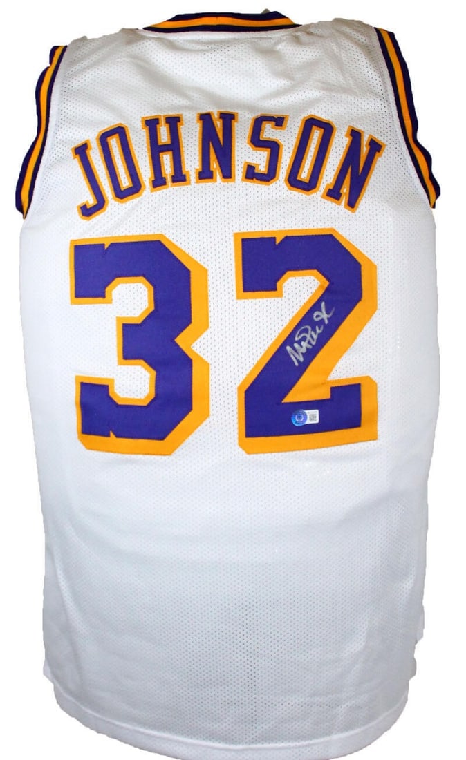 Magic Johnson signed Lakers white jersey Beckett hologram: Magic Johnson signed Lakers white jersey Beckett hologram This is a white Los Angeles Lakers jersey autographed by Magic Johnson. The signature has been authenticated by Beckett Authentication Service