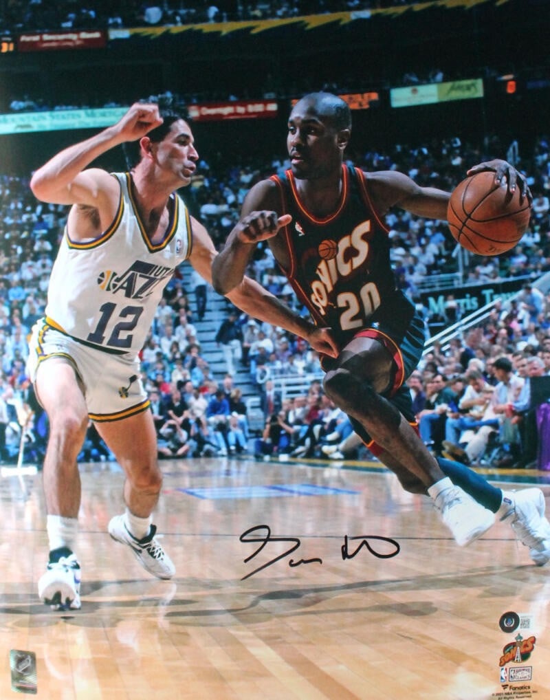 Gary Payton signed Seattle SuperSonics 16x20 dribble photo Beckett holo: Gary Payton signed Seattle SuperSonics 16x20 dribble photo Beckett holo This 16x20 photo features Gary Payton of the Seattle SuperSonics and is personally autographed by him. The signature has been au