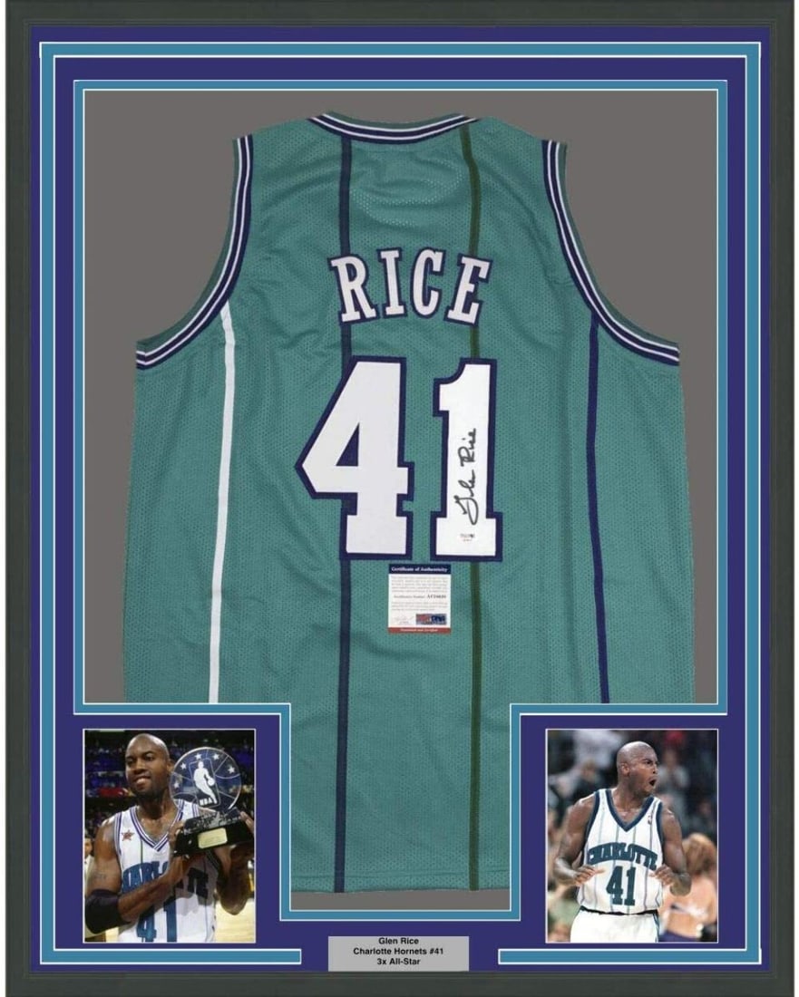 Framed Glen Rice Signed Jersey PSA/DNA 35x39 Charlotte Hornets Teal: Framed Glen Rice Signed Jersey PSA/DNA 35x39 Charlotte Hornets Teal Celebrate the legacy of Glen Rice with this professionally framed and autographed Charlotte Hornets teal jersey. This striking displ