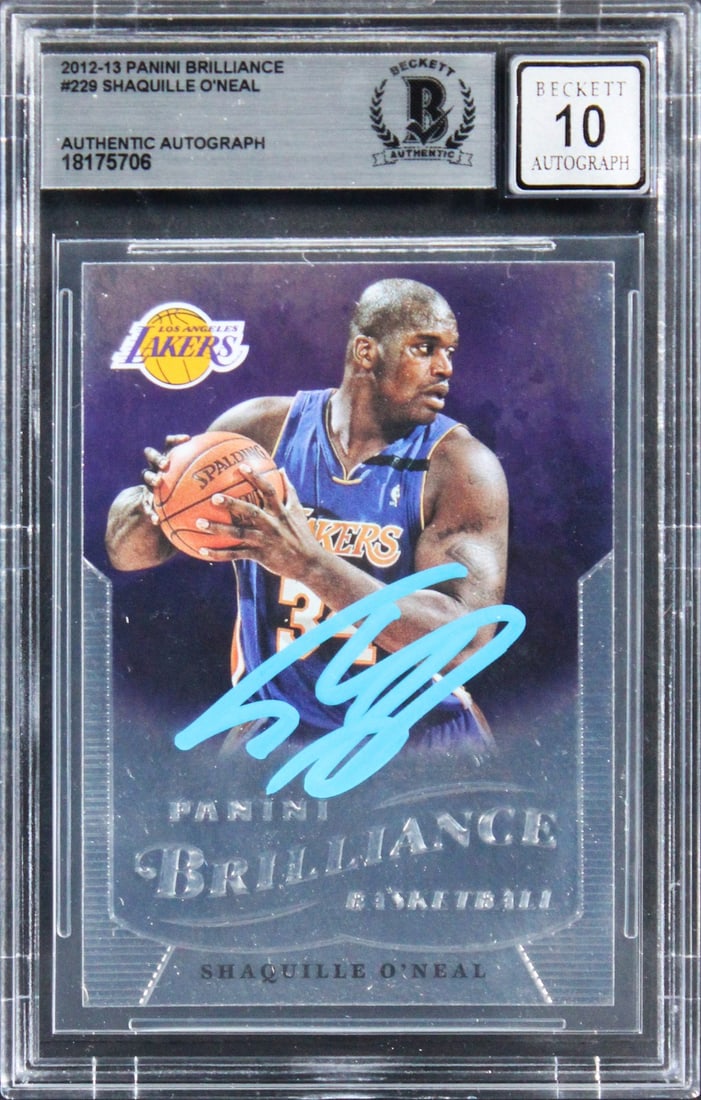 Shaquille O'Neal Signed 2012 Panini Brilliance Card Auto 10 Beckett Authenticated: Shaquille O'Neal Signed 2012 Panini Brilliance Card Auto 10 Beckett Authenticated This is a 2012 Panini Brilliance #229 basketball card personally signed by Shaquille O'Neal, a legendary player for th