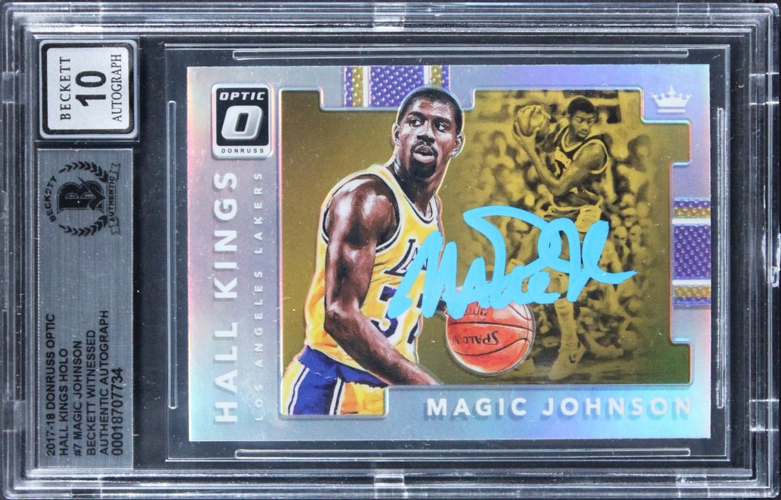 Magic Johnson Auto 2017 Optic Holo Hall Kings #7 Lakers Beckett 10 BAS Slabbed: Magic Johnson Auto 2017 Optic Holo Hall Kings #7 Lakers Beckett 10 BAS Slabbed This 2017 Donruss Optic Hall Kings Holo #7 trading card features Magic Johnson of the Los Angeles Lakers and has been per