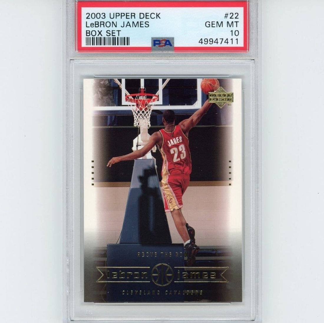 Graded 2003-04 Upper Deck LeBron James #22 Rookie Card PSA 10: Graded 2003-04 Upper Deck LeBron James #22 Rookie Card PSA 10 This is a graded 2003-04 Upper Deck LeBron James #22 Box Set Rookie RC Basketball Card, achieving a PSA grade of 10 Gem Mint. The card fea