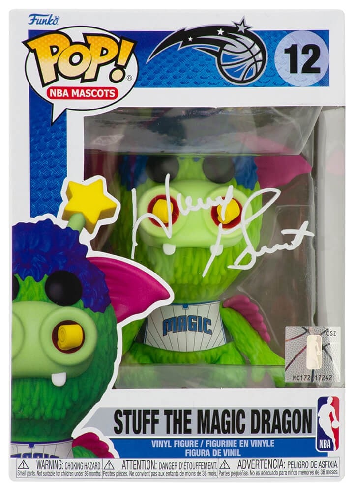 Stuff the Magic Dragon Funko Pop 12 Autographed by Horace Grant with COA: Stuff the Magic Dragon Funko Pop 12 Autographed by Horace Grant with COA This is a pre-owned Funko Pop #12 featuring 'Stuff the Magic Dragon,' the mascot of the Orlando Magic, signed by Horace Grant. 
