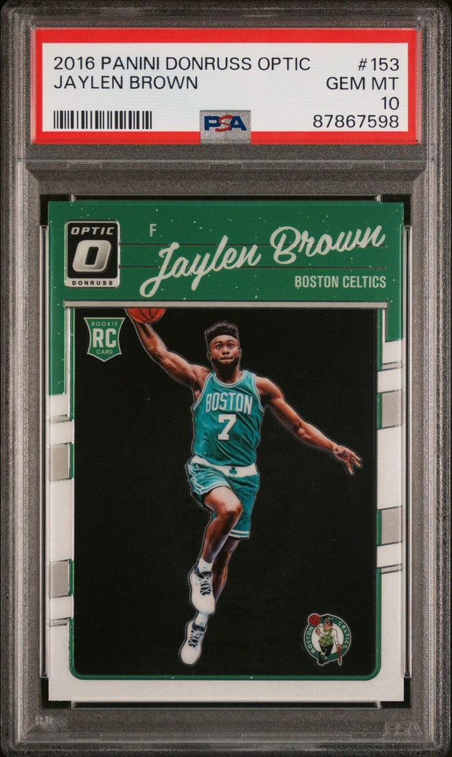 2016 Panini Donruss Optic Jaylen Brown Rookie Card PSA 10: 2016 Panini Donruss Optic Jaylen Brown Rookie Card PSA 10 This is a graded 2016 Panini Donruss Optic Jaylen Brown #153 Rookie Basketball Card, rated PSA 10. The card is encapsulated and authenticated 