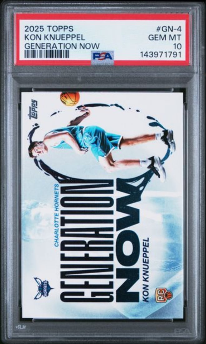 PSA 10 Gem Mint Kon Knueppel 2025 Generation Now Rookie NBA Card: PSA 10 Gem Mint Kon Knueppel 2025 Generation Now Rookie NBA Card This is a 2025 Topps Kon Knueppel #GN4 Generation Now rookie card, graded PSA 10 Gem Mint by Professional Sports Authenticator (PSA). T