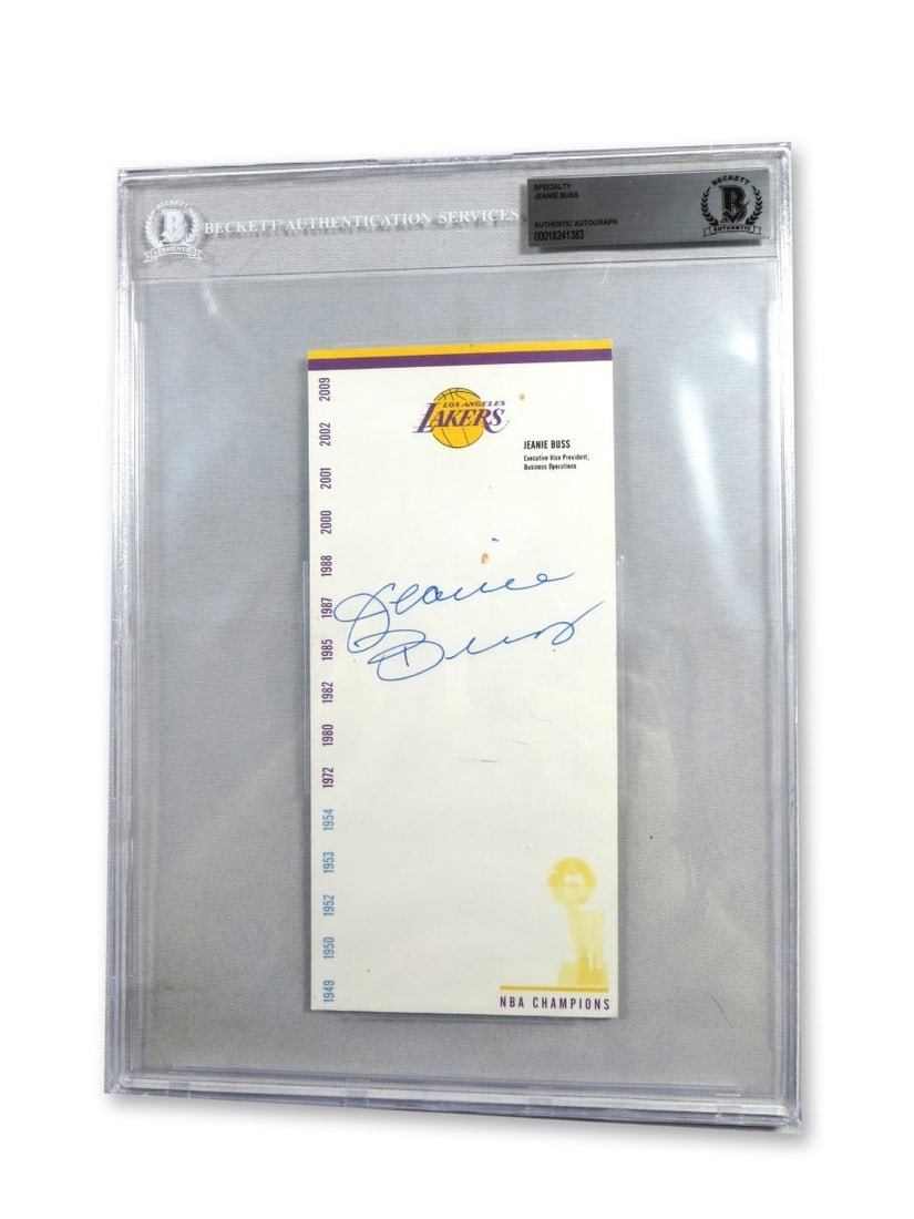 Jeanie Buss Autographed Cut Signature Los Angeles Lakers JSA Authenticated: Jeanie Buss Autographed Cut Signature Los Angeles Lakers JSA Authenticated This Jeanie Buss signed autographed cut signature celebrates her influential role as an executive for the Los Angeles Lakers.