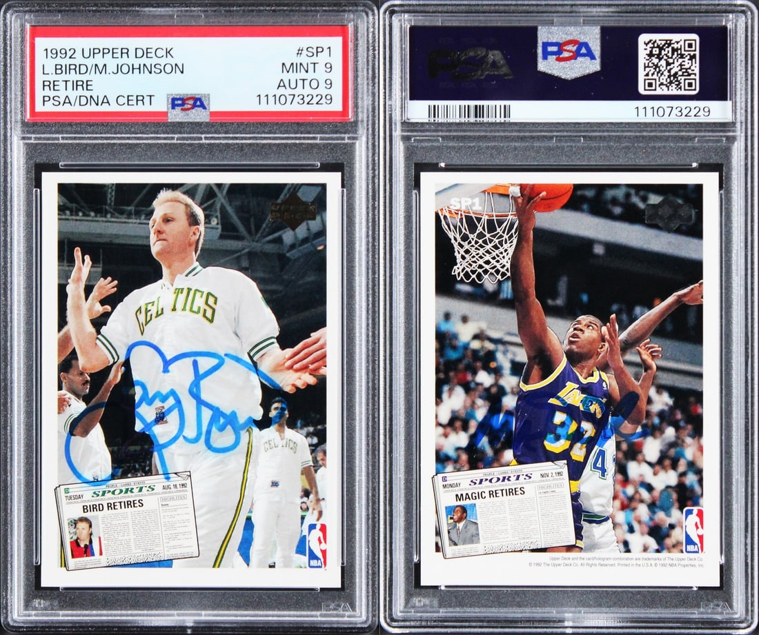 Larry Bird Magic Johnson Signed 1992 Upper Deck PSA 9 Auto 10 Card: Larry Bird Magic Johnson Signed 1992 Upper Deck PSA 9 Auto 10 Card This remarkable 1992 Upper Deck #SP1 card features the iconic signatures of basketball legends Larry Bird and Magic Johnson. Graded M