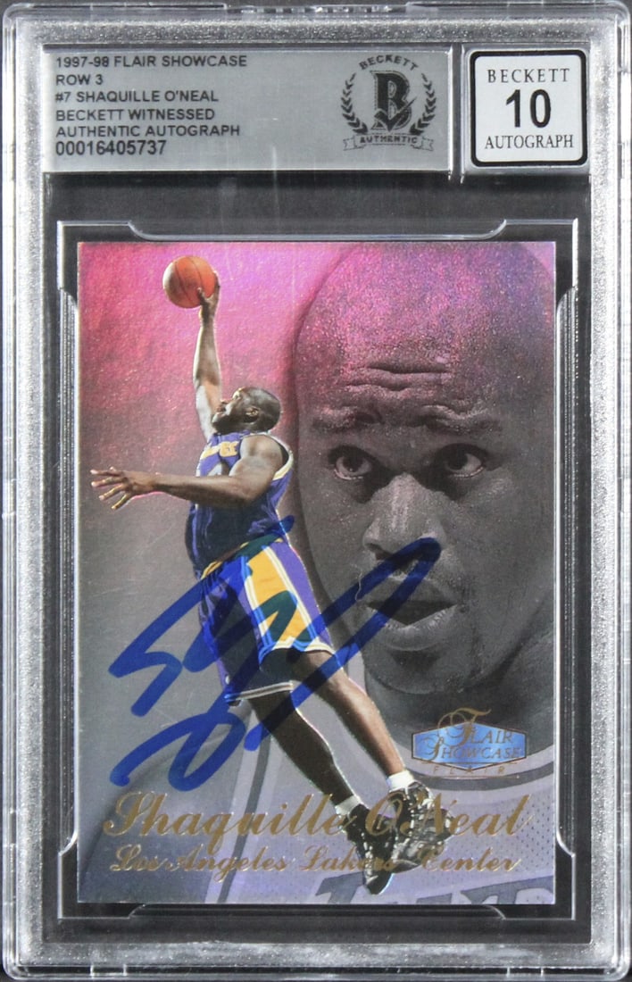 Shaquille O Neal 1997 Flair Showcase Lakers Auto BAS Slabbed Gem Mint 10: Shaquille O Neal 1997 Flair Showcase Lakers Auto BAS Slabbed Gem Mint 10 This is an original 1997 Flair Showcase Row 3 #7 basketball card, personally signed by Shaquille O'Neal of the Los Angeles Lake