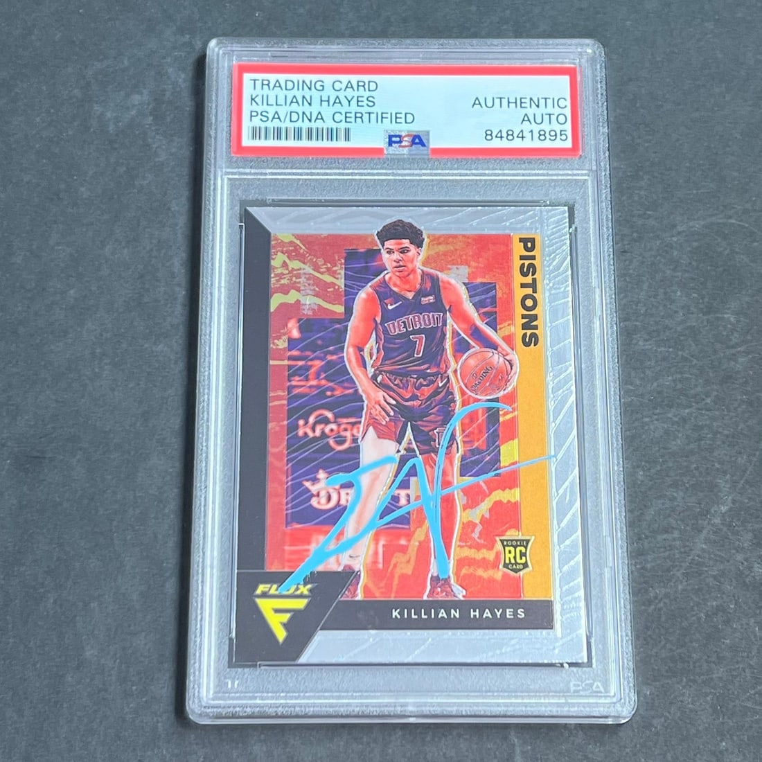 2020-21 Panini Flux Killian Hayes Signed Card PSA/DNA Slabbed RC Pistons: 2020-21 Panini Flux Killian Hayes Signed Card PSA/DNA Slabbed RC Pistons This 2020-21 Panini Flux #216 card features a bold autograph from Killian Hayes of the Detroit Pistons. The signature has been 
