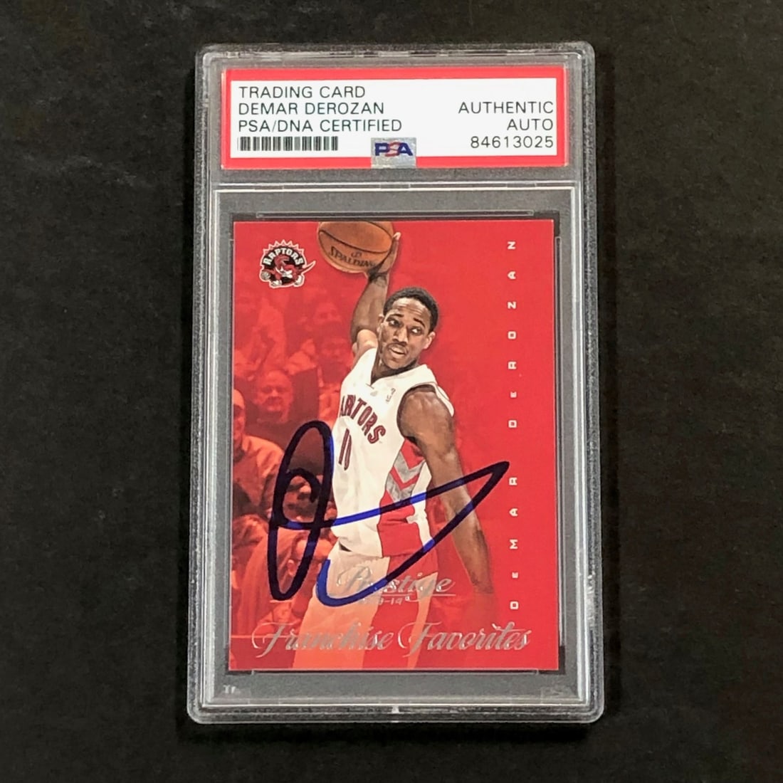 2013-14 Panini Prestige DeMar DeRozan Signed Card PSA/DNA Authenticated: 2013-14 Panini Prestige DeMar DeRozan Signed Card PSA/DNA Authenticated This is a 2013-14 Panini Prestige Franchise Favorites #28 card featuring a bold autograph from DeMar DeRozan, a prominent player