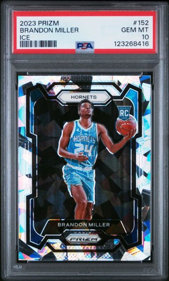 2023 Panini Prizm Brandon Miller #152 Ice Rookie Card PSA 10: 2023 Panini Prizm Brandon Miller #152 Ice Rookie Card PSA 10 This graded 2023 Panini Prizm Brandon Miller #152 Ice Rookie RC Card is a must-have for any NBA collector. Encapsulated and graded by the P