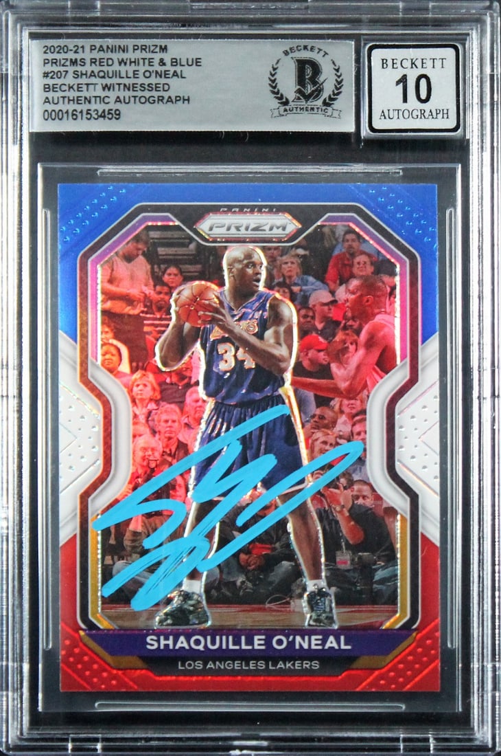 Shaquille O'Neal Signed 2020 Panini Prizm RW&B #207 Card Gem Mint 10 Beckett: Shaquille O'Neal Signed 2020 Panini Prizm RW&B #207 Card Gem Mint 10 Beckett This 2020 Panini Prizm Red, White & Blue #207 basketball card features a stunning autograph from Shaquille O'Neal, one of t