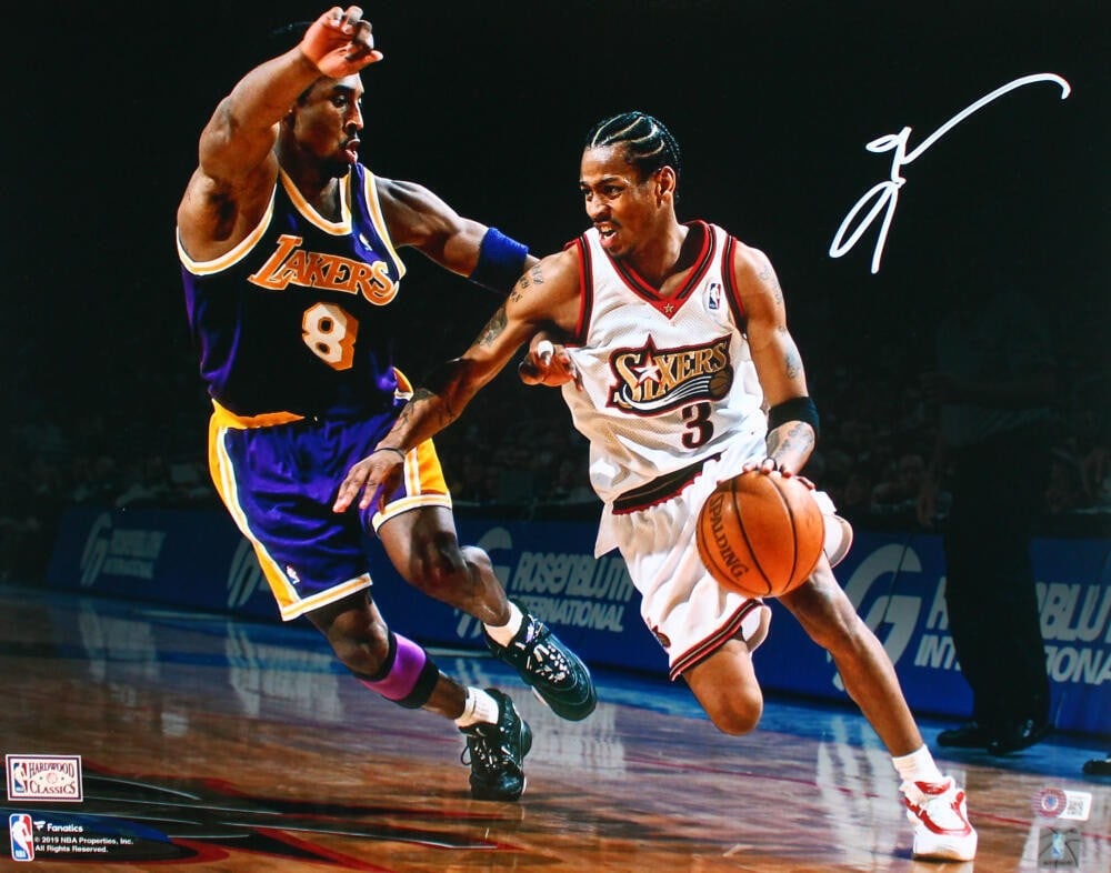 Allen Iverson autographed 16x20 Philadelphia 76ers photo BAS holo: Allen Iverson autographed 16x20 Philadelphia 76ers photo BAS holo This 16x20 photograph features Allen Iverson of the Philadelphia 76ers in a spotlight moment against Kobe Bryant. The photo is hand-si