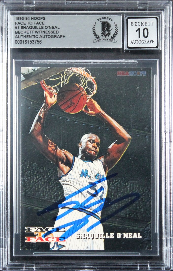 Shaquille O'Neal Signed 1993 Hoops Face to Face #1 Card Gem Mint 10 Beckett Authenticated: Shaquille O'Neal Signed 1993 Hoops Face to Face #1 Card Gem Mint 10 Beckett Authenticated Celebrate basketball history with this Magic Shaquille O'Neal Signed 1993 Hoops Face to Face #1 Card, graded a