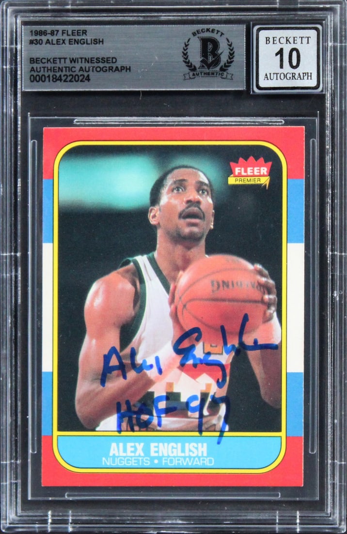 Alex English Signed 1986 Fleer #30 Card HOF 97 Beckett Slabbed Gem Mint 10 (1 of 2)