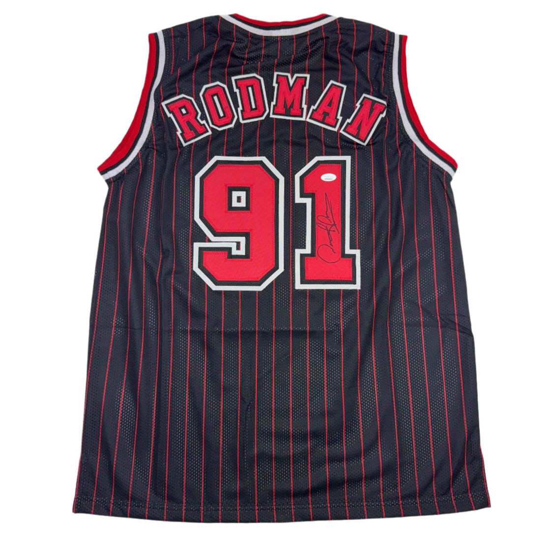 Dennis Rodman Autographed Chicago Bulls Pinstripe Jersey PSA/DNA COA: Dennis Rodman Autographed Chicago Bulls Pinstripe Jersey PSA/DNA COA Celebrate the legacy of Dennis Rodman with this autographed Chicago Bulls pinstripe basketball jersey. This custom jersey features 