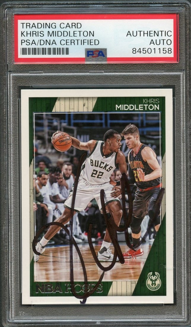 PSA DNA slabbed Khris Middleton autographed 2016 17 NBA Hoops #8 card Bucks: PSA DNA slabbed Khris Middleton autographed 2016 17 NBA Hoops #8 card Bucks This is a 2016-17 NBA Hoops #8 trading card featuring Khris Middleton of the Milwaukee Bucks. The card is hand-signed by Khr