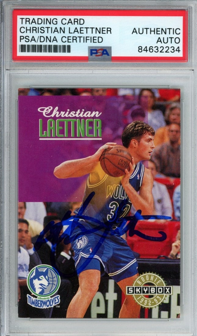 1992-93 Skybox Rookie Christian Laettner Signed Card PSA/DNA: 1992-93 Skybox Rookie Christian Laettner Signed Card PSA/DNA This listing features an original 1992-93 Skybox Rookie #369 basketball card of Christian Laettner, who played for the Minnesota Timberwolv