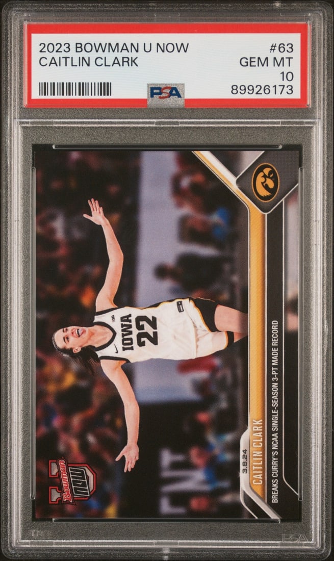 2023 Topps Bowman U Now Caitlin Clark #63 Rookie PSA 10 Basketball Card: 2023 Topps Bowman U Now Caitlin Clark #63 Rookie PSA 10 Basketball Card This is a graded 2023 Topps Bowman U Now Caitlin Clark #63 Rookie Basketball Card, achieving a perfect PSA grade of 10. The card