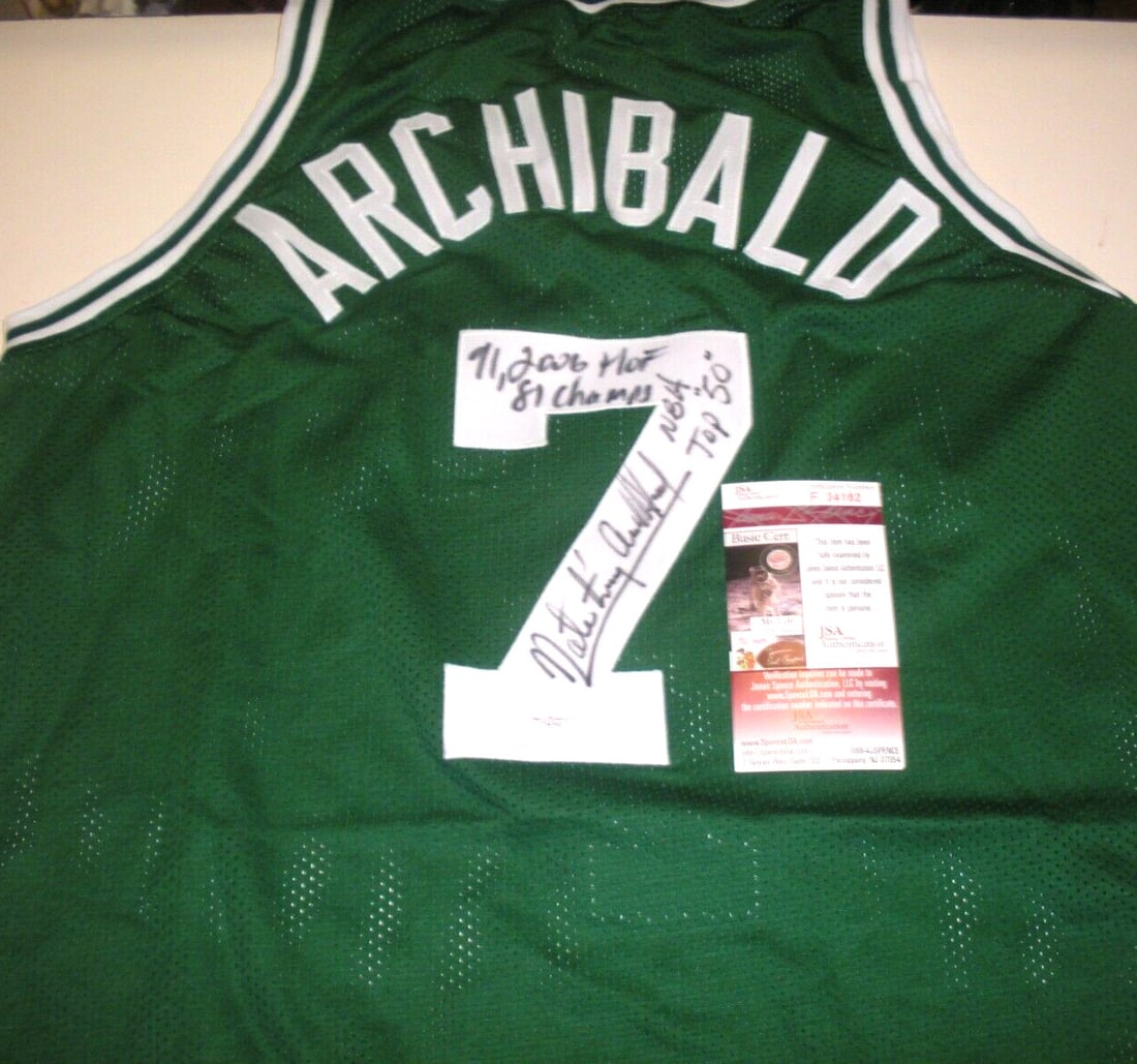 Signed Nate Archibald Celtics Jersey with JSA COA and NBA Top 50 Honors: Signed Nate Archibald Celtics Jersey with JSA COA and NBA Top 50 Honors This is a pre-owned Boston Celtics jersey signed by Nate Archibald, commemorating his achievements as an NBA Champion and inclus