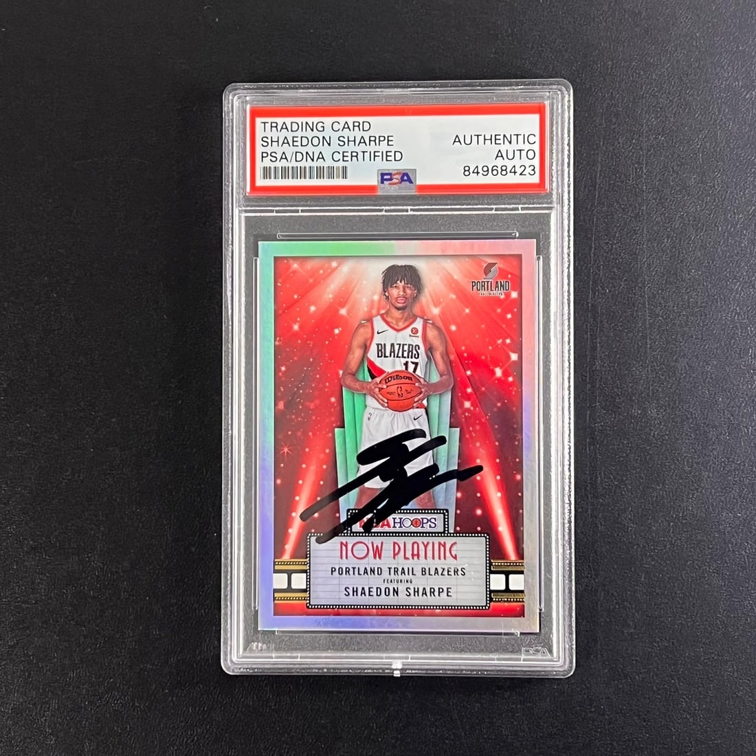 PSA Slabbed Shaedon Sharpe Autographed Panini Hoops #7 RC: PSA Slabbed Shaedon Sharpe Autographed Panini Hoops #7 RC This is a 2022-23 Panini Hoops #7 rookie card featuring Shaedon Sharpe of the Portland Trail Blazers. The card has been hand-signed by Shaedon