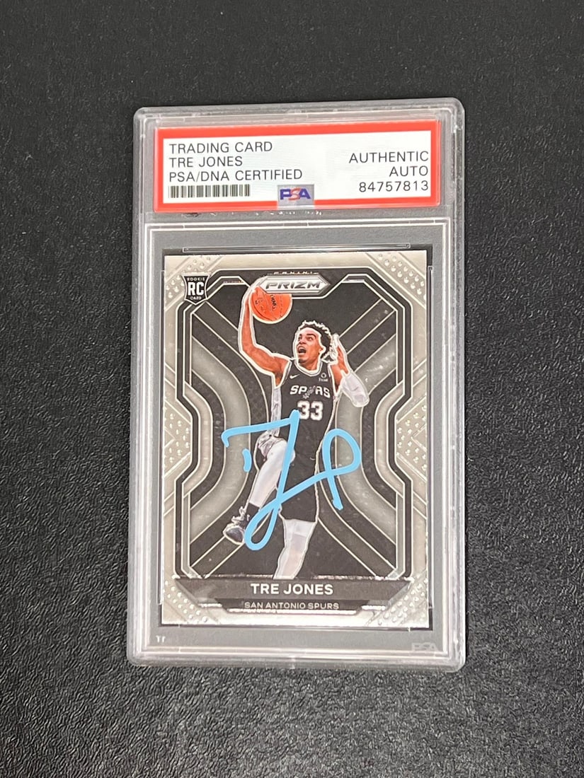 2021 Panini Prizm #291 Tre Jones Signed Rookie Card PSA/DNA Spurs: 2021 Panini Prizm #291 Tre Jones Signed Rookie Card PSA/DNA Spurs This 2021 Panini Prizm #291 rookie card features the authentic signature of Tre Jones, a player for the San Antonio Spurs. The autogra