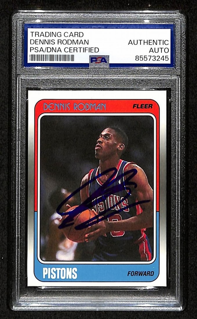 Dennis Rodman HOF Signed 1988 Fleer Rookie Card #43 PSA/DNA: Dennis Rodman HOF Signed 1988 Fleer Rookie Card #43 PSA/DNA This is an original 1988 Fleer Rookie Card #43 featuring Dennis Rodman, who is a Hall of Fame inductee. The card has been signed by Rodman h