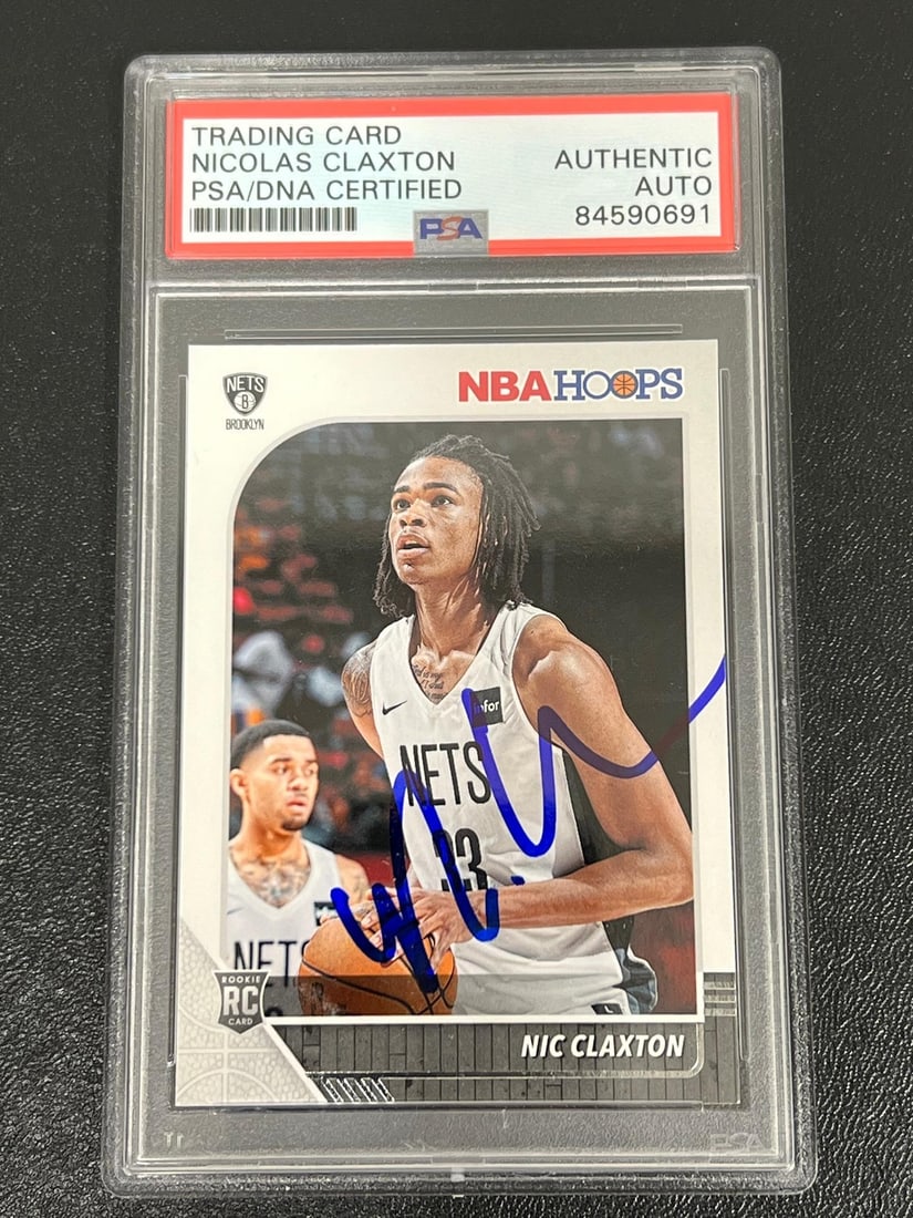 Nicolas Claxton 2019-20 NBA Hoops #241 Signed Card PSA/DNA Slabbed Nets: Nicolas Claxton 2019-20 NBA Hoops #241 Signed Card PSA/DNA Slabbed Nets This 2019-20 NBA Hoops #241 card features the signature of Nicolas Claxton, a standout player for the Brooklyn Nets. The autogra