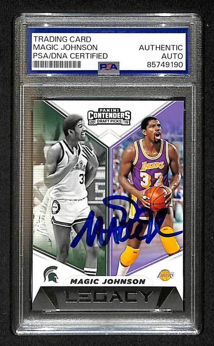 2019 Panini Contenders Magic Johnson Autographed Card 5 PSA DNA Authenticated: 2019 Panini Contenders Magic Johnson Autographed Card 5 PSA DNA Authenticated This is an original 2019 Panini Contenders basketball card featuring Magic Johnson. The card is autographed and authentica