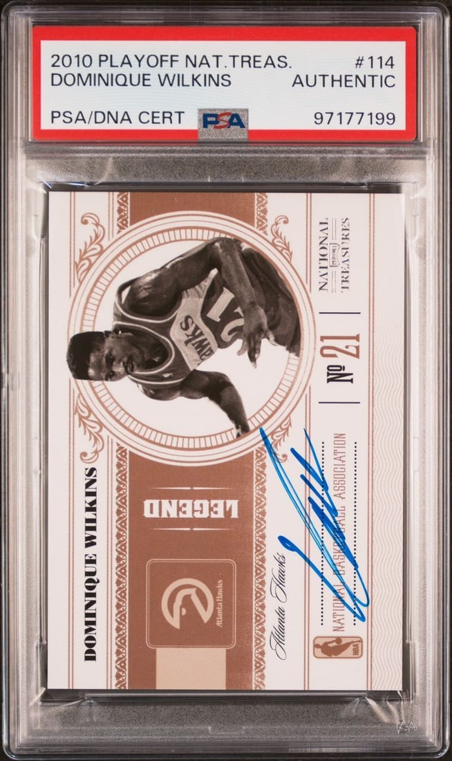 2010 Playoff National Treasures Dominique Wilkins #114 09/99 Signed Card PSA/DNA: 2010 Playoff National Treasures Dominique Wilkins #114 09/99 Signed Card PSA/DNA This 2010 Playoff National Treasures Dominique Wilkins card, numbered 09/99, features a bold autograph from the legenda