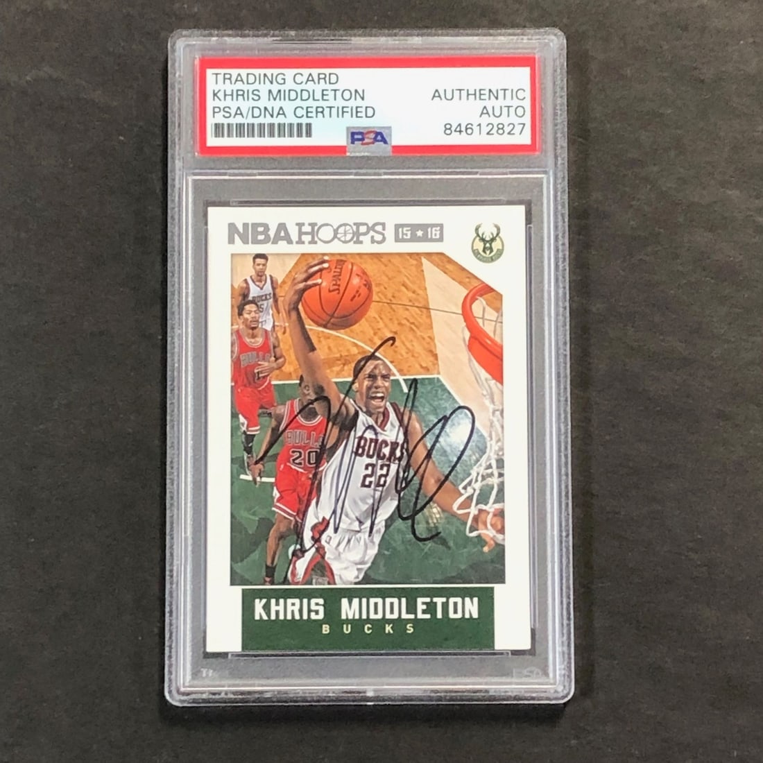 PSA DNA Slabbed Khris Middleton 2015 16 NBA Hoops Auto Card Bucks: PSA DNA Slabbed Khris Middleton 2015 16 NBA Hoops Auto Card Bucks This is an original 2015-16 NBA Hoops #142 basketball trading card featuring Khris Middleton of the Milwaukee Bucks. The card is hand-