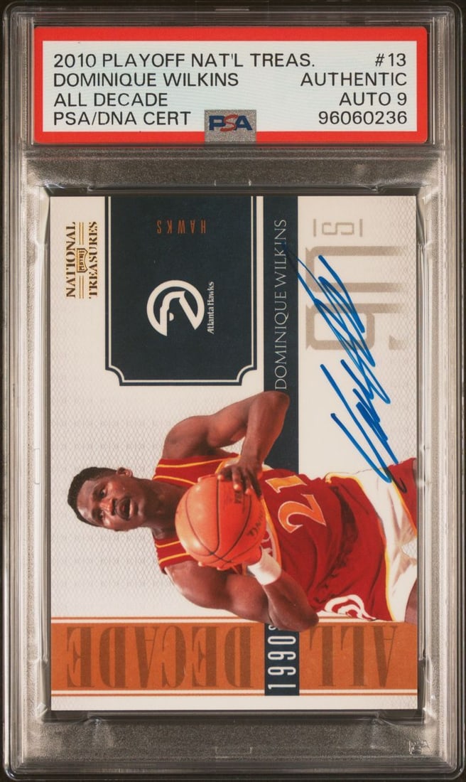 2010 Playoff National Treasures Dominique Wilkins #13 Signed PSA/DNA Card: 2010 Playoff National Treasures Dominique Wilkins #13 Signed PSA/DNA Card This is a 2010 Playoff National Treasures All Decade Dominique Wilkins #13 signed sports trading card. It features the autogra