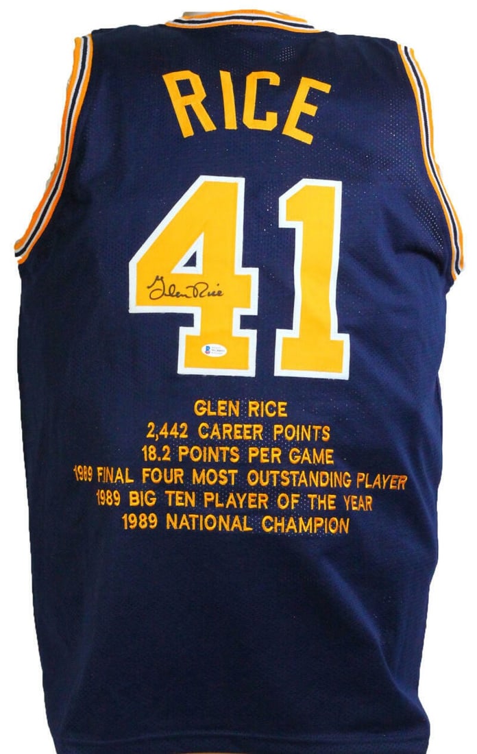 Glen Rice signed Michigan Wolverines blue stat jersey Beckett: Glen Rice signed Michigan Wolverines blue stat jersey Beckett This blue Michigan Wolverines jersey is autographed by Glen Rice. The jersey is an original item and comes in pre-owned condition. It is a