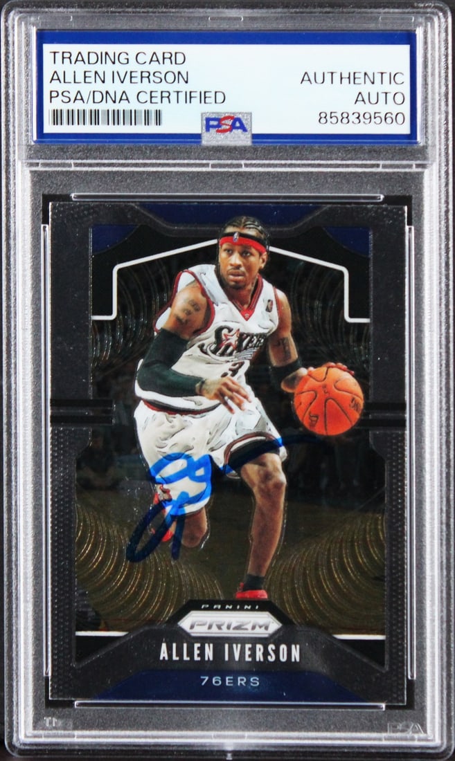 Allen Iverson signed 2019 Panini Prizm #6 PSA DNA slabbed 76ers card: Allen Iverson signed 2019 Panini Prizm #6 PSA DNA slabbed 76ers card This is an original 2019 Panini Prizm #6 basketball card featuring Allen Iverson of the Philadelphia 76ers, personally signed by Iv