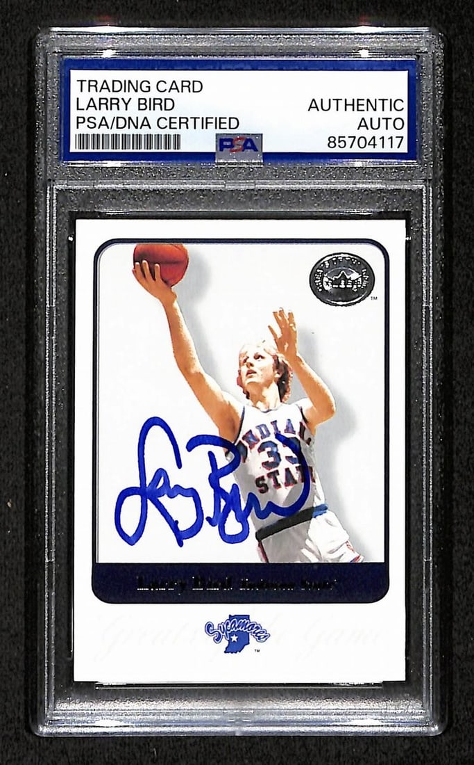 Larry Bird Greats Autographed Card 2001 Fleer PSA DNA Certified #49 Indiana State: Larry Bird Greats Autographed Card 2001 Fleer PSA DNA Certified #49 Indiana State This offering features a 2001 FLEER Greats Larry Bird Hall of Fame Signed/Autographed Card #49 from Indiana State. The