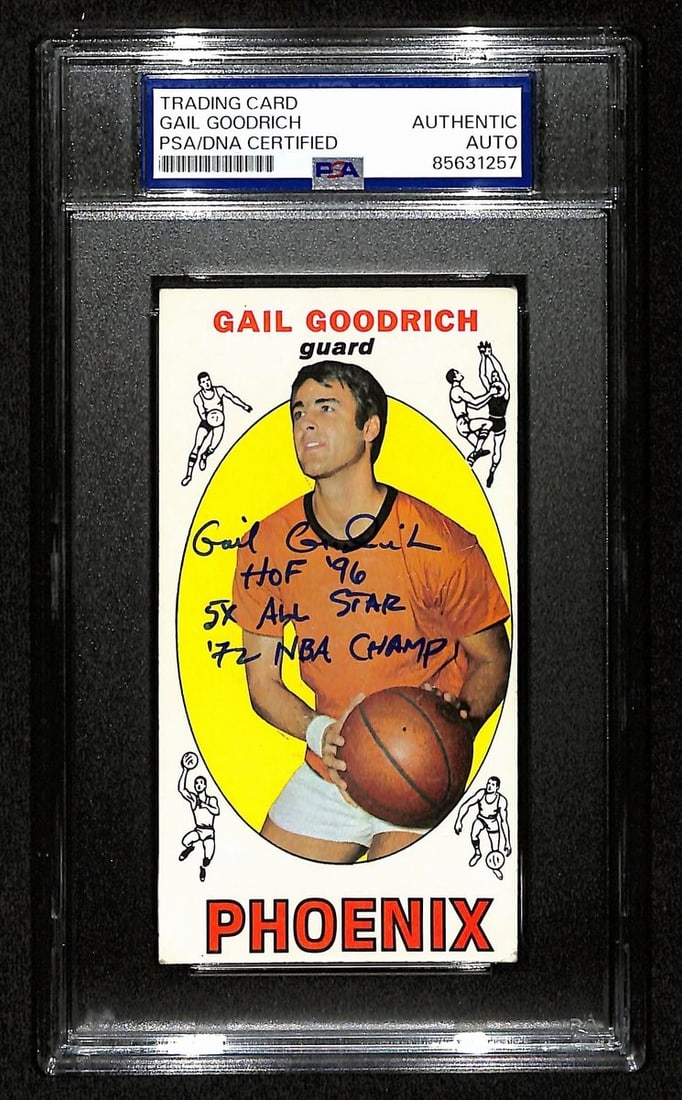 Gail Goodrich HOF Signed 1969-70 TOPPS Rookie Card #2 Suns PSA/DNA: Gail Goodrich HOF Signed 1969-70 TOPPS Rookie Card #2 Suns PSA/DNA This is an original Gail Goodrich Hall of Fame signed and inscribed 1969-70 TOPPS Rookie Card #2 featuring the Phoenix Suns. The insc