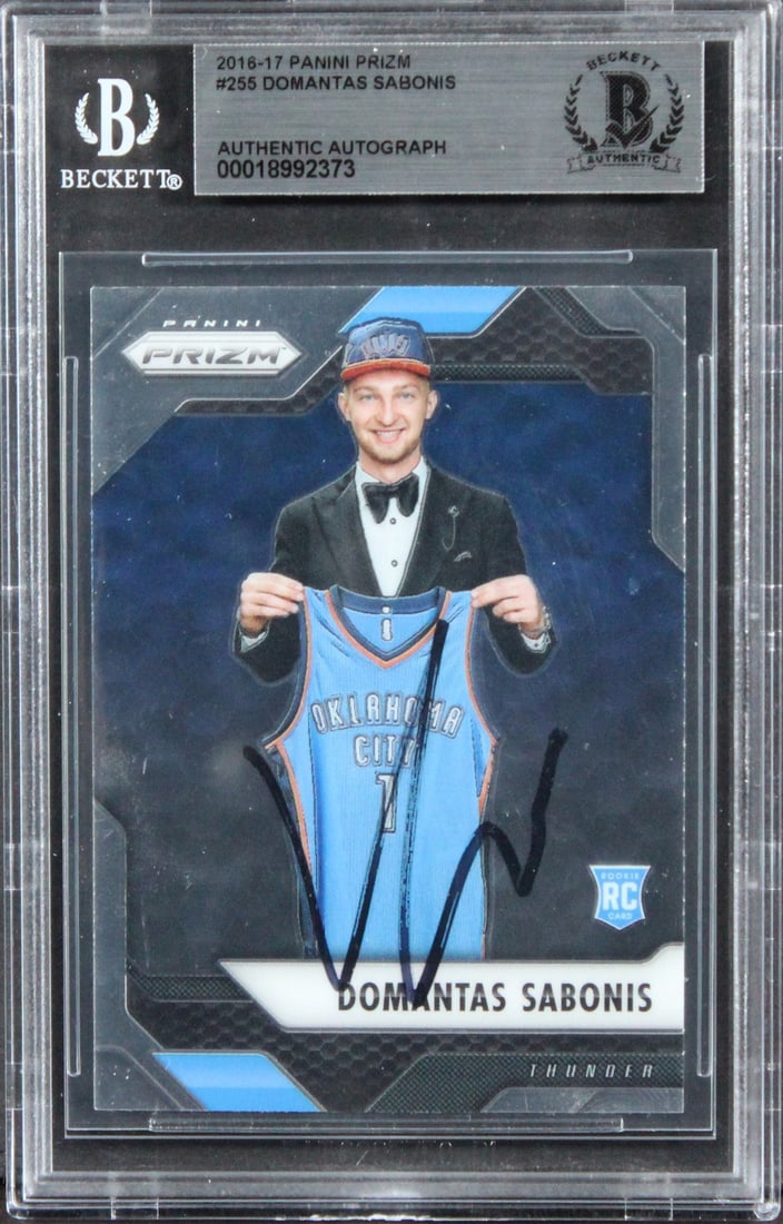 Domantas Sabonis Autographed 2016 Prizm Rookie Card Beckett Authenticated Slab: Domantas Sabonis Autographed 2016 Prizm Rookie Card Beckett Authenticated Slab This is an original 2016 Panini Prizm #255 rookie card featuring Domantas Sabonis of the Oklahoma City Thunder. The card 