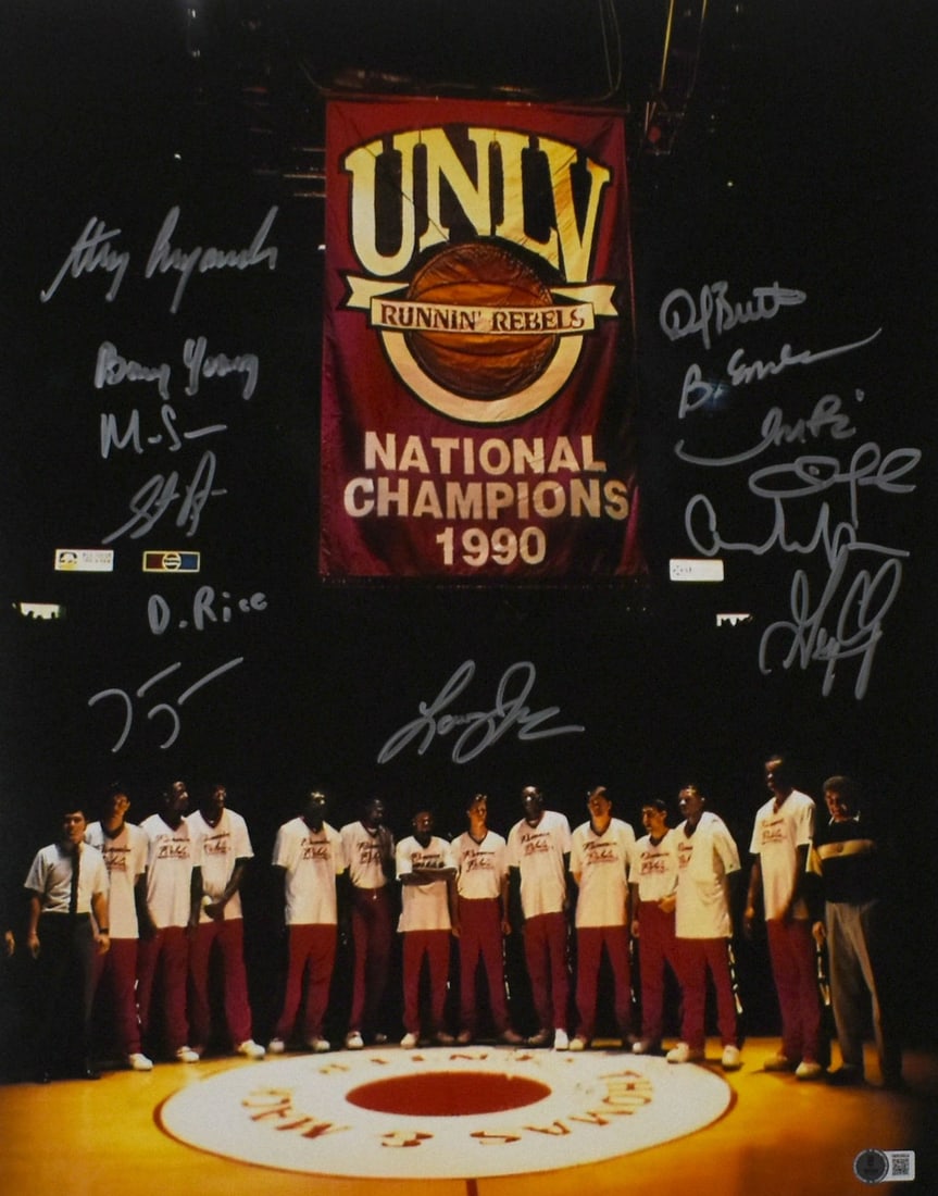 16x20 Photo Signed by 1990 UNLV Team with Beckett Hologram: 16x20 Photo Signed by 1990 UNLV Team with Beckett Hologram This is an original 16x20 team photo of the 1990 UNLV basketball team, autographed by the team members. The photo features a Beckett W Hologr
