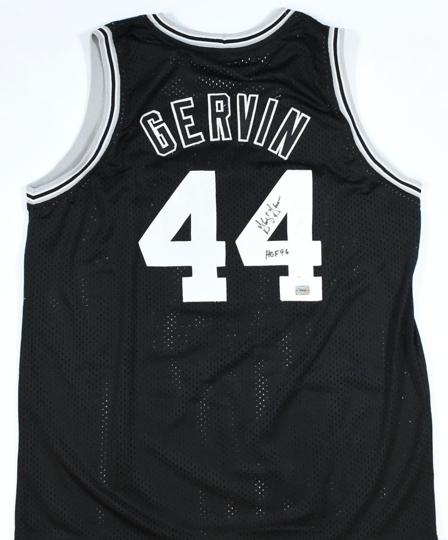 George Gervin Signed Black Pro Style Jersey With HOF Inscription JSA Authenticated: George Gervin Signed Black Pro Style Jersey With HOF Inscription JSA Authenticated This is a black pro style jersey autographed by George Gervin. The jersey features Gervin's name in black and include