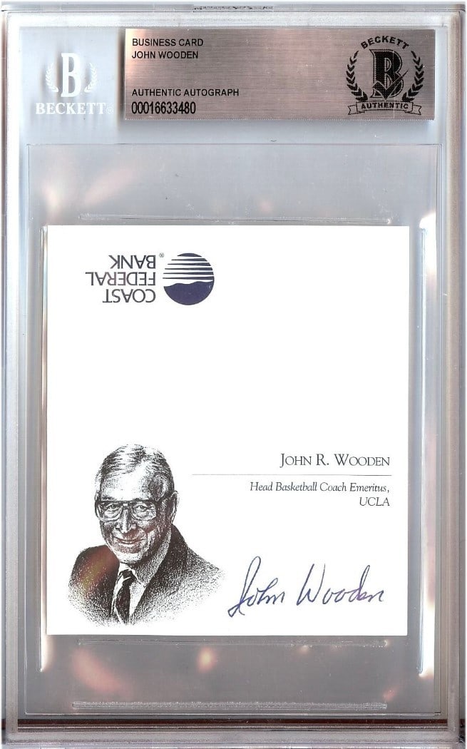 Encased John Wooden Signed Business Card Beckett Authenticated UCLA Bruins: Encased John Wooden Signed Business Card Beckett Authenticated UCLA Bruins This business card features the authentic signature of legendary basketball coach John Wooden. Representing the UCLA Bruins, 