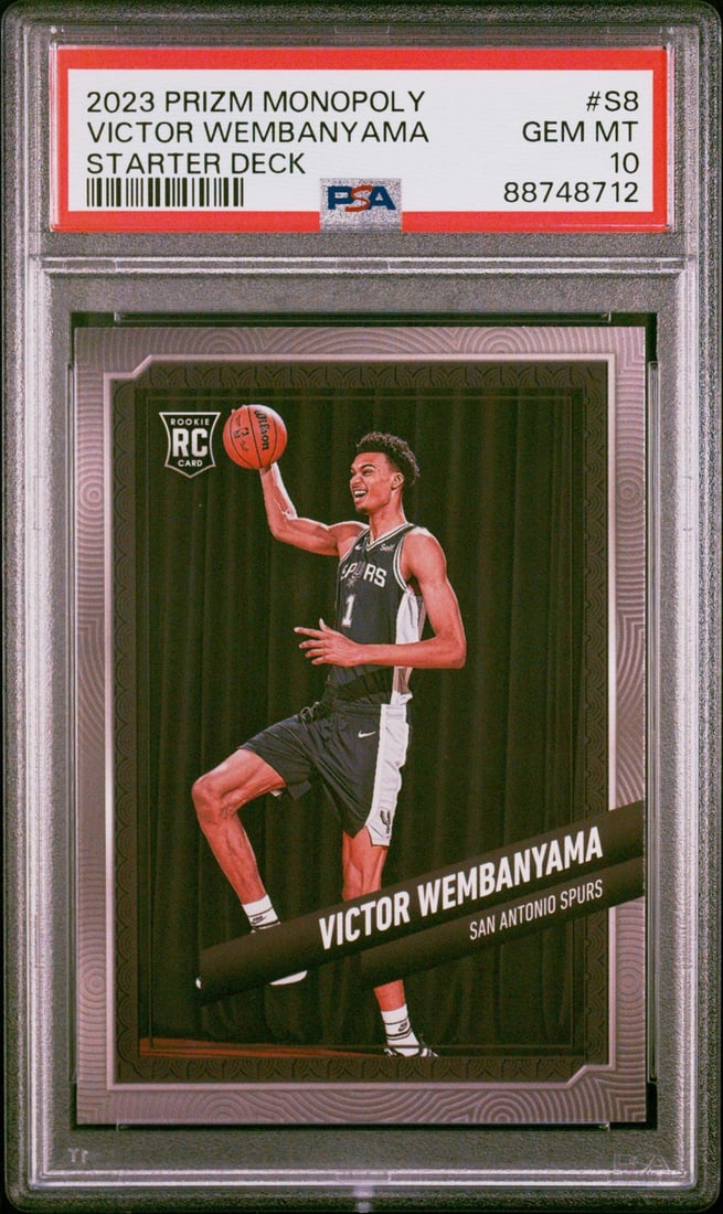 2023 Panini Prizm Monopoly Victor Wembanyama Basketball Card PSA 10: 2023 Panini Prizm Monopoly Victor Wembanyama Basketball Card PSA 10 This is a graded 2023 Panini Prizm Monopoly Victor Wembanyama #S8 Basketball Card, receiving a prestigious PSA 10 grade. It features