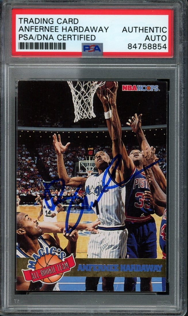 1993-94 NBA Hoops Anfernee Hardaway Signed Rookie Card PSA/DNA: 1993-94 NBA Hoops Anfernee Hardaway Signed Rookie Card PSA/DNA Offered is a 1993-94 NBA Hoops Anfernee Hardaway #3 Authentic Rookie Card signed by the Orlando Magic star. This card is encapsulated in 