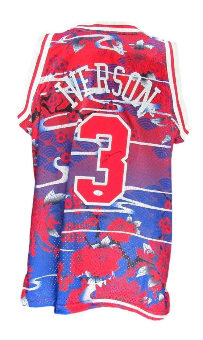 Allen Iverson HOF Autographed Lunar Mitchell & Ness Jersey 76ers JSA Certified: Allen Iverson HOF Autographed Lunar Mitchell & Ness Jersey 76ers JSA Certified This is an Allen Iverson Hall of Fame Autographed Jersey from the Philadelphia 76ers, featuring a vibrant red, white, and