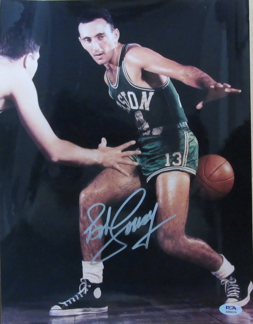 Bob Cousy Autographed 11x14 Photo Boston Celtics PSA/DNA: Bob Cousy Autographed 11x14 Photo Boston Celtics PSA/DNA This is an original, autographed 11x14 photo of Bob Cousy, a legendary player for the Boston Celtics. The photo showcases Cousy in action, capt