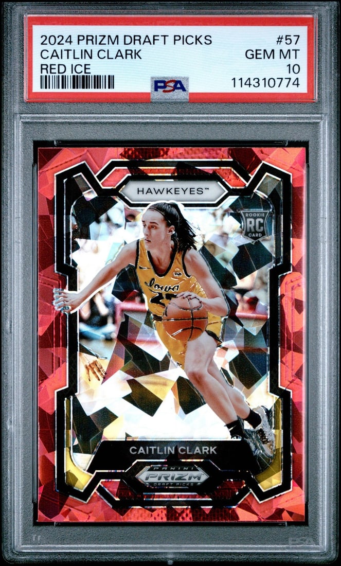 2024 Panini Prizm Caitlin Clark Red Ice RC Card PSA 10 WNBA: 2024 Panini Prizm Caitlin Clark Red Ice RC Card PSA 10 WNBA This is a graded 2024 Panini Prizm Draft Picks Caitlin Clark #57 Red Ice RC Card, rated PSA 10 for its exceptional quality. The card feature