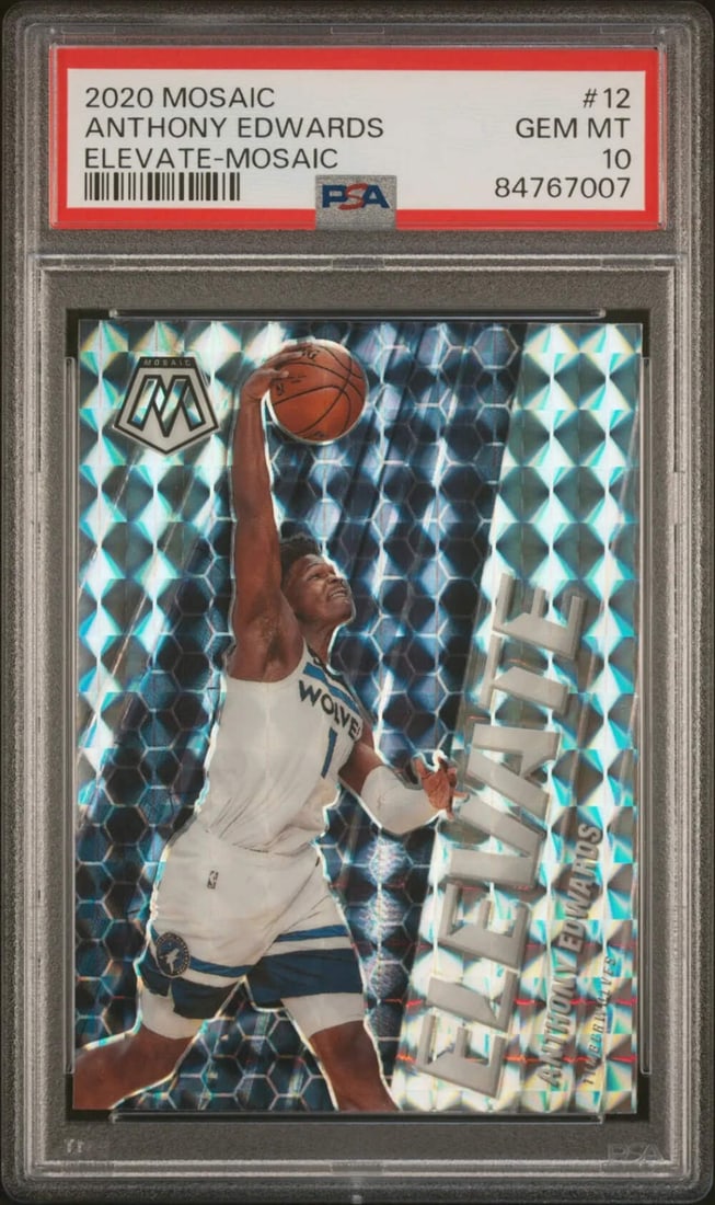 2020 Mosaic Anthony Edwards #12 RC PSA 10 Graded Basketball Card: 2020 Mosaic Anthony Edwards #12 RC PSA 10 Graded Basketball Card This is a graded 2020 Mosaic Anthony Edwards #12 Elevate Mosaic Rookie Card, encapsulated and graded as a PSA 10 by Professional Sports