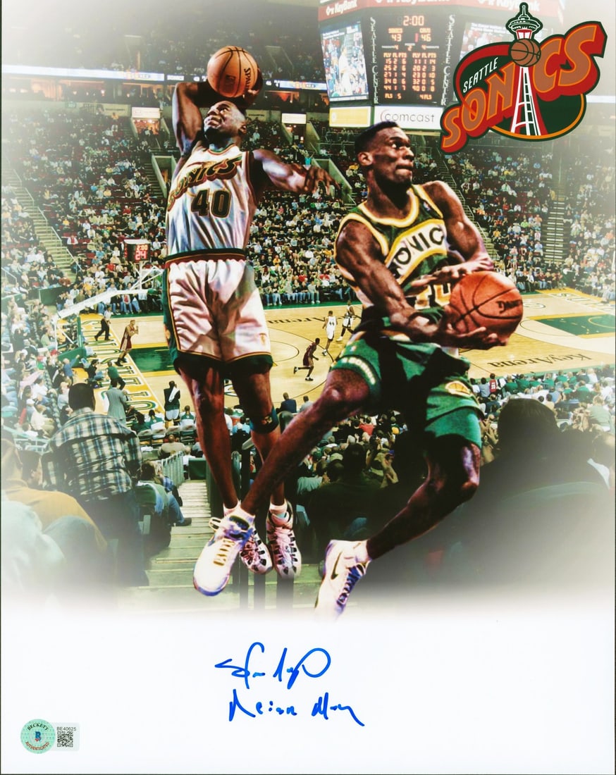 Shawn Kemp Signed 11x14 Photo Reign Man BAS Witnessed Seattle Supersonics: Shawn Kemp Signed 11x14 Photo Reign Man BAS Witnessed Seattle Supersonics This authentic 11x14 collage photo features Shawn Kemp, the legendary player known as the "Reign Man," of the Seattle Superson